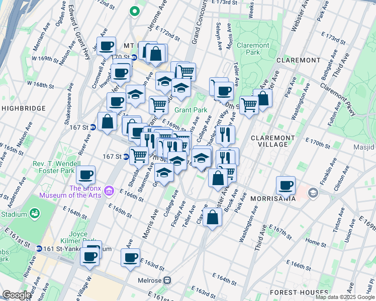 map of restaurants, bars, coffee shops, grocery stores, and more near in The Bronx