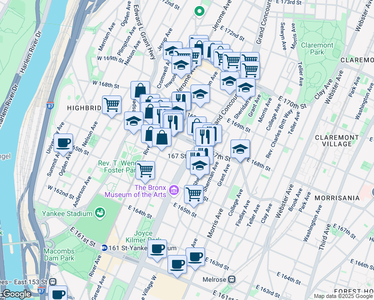 map of restaurants, bars, coffee shops, grocery stores, and more near 136B East 167th Street in The Bronx