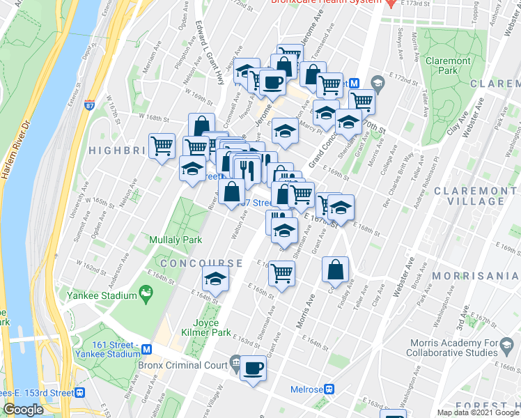 map of restaurants, bars, coffee shops, grocery stores, and more near 136B East 167th Street in The Bronx