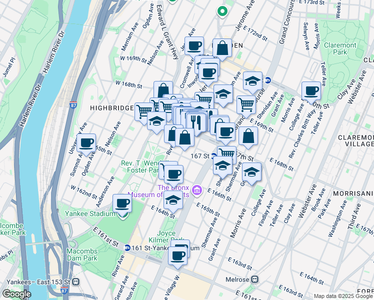 map of restaurants, bars, coffee shops, grocery stores, and more near in The Bronx