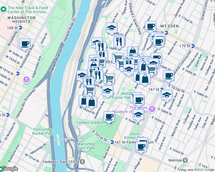 map of restaurants, bars, coffee shops, grocery stores, and more near in The Bronx