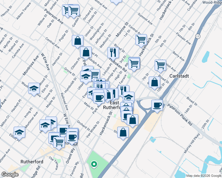 map of restaurants, bars, coffee shops, grocery stores, and more near 62 High Street in East Rutherford