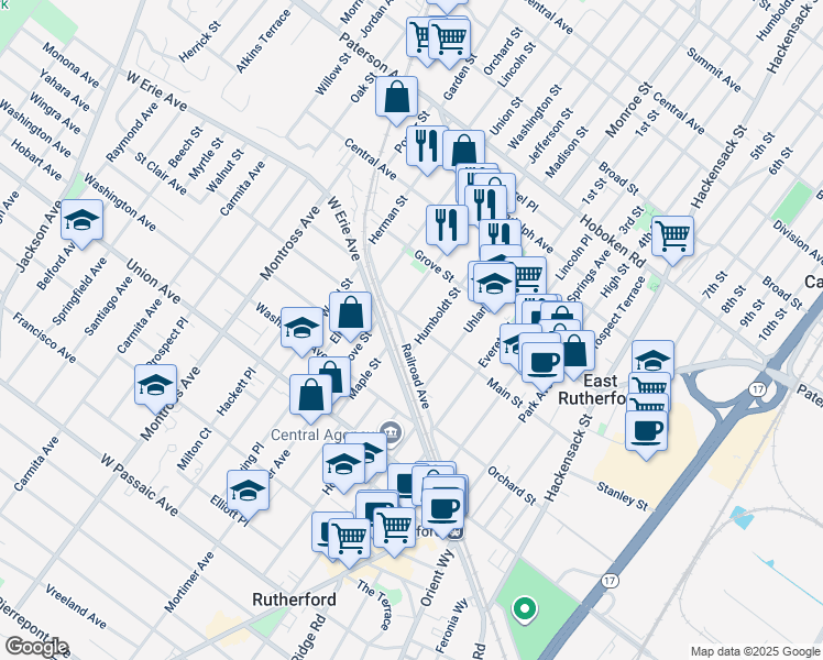 map of restaurants, bars, coffee shops, grocery stores, and more near 316 Main Street in East Rutherford
