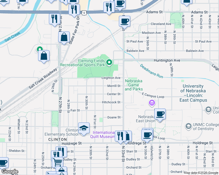 map of restaurants, bars, coffee shops, grocery stores, and more near 2201 Griffith Street in Lincoln