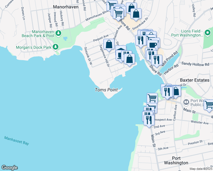 map of restaurants, bars, coffee shops, grocery stores, and more near 1 Toms Point Lane in Port Washington
