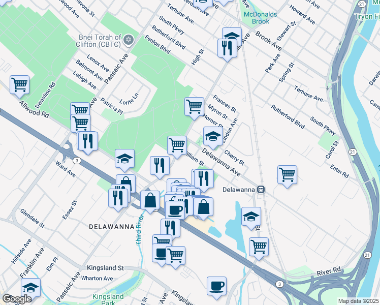 map of restaurants, bars, coffee shops, grocery stores, and more near 140 William Street in Clifton