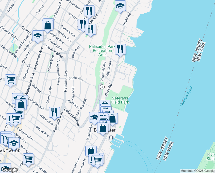 map of restaurants, bars, coffee shops, grocery stores, and more near 15 Rockwood Place in Edgewater