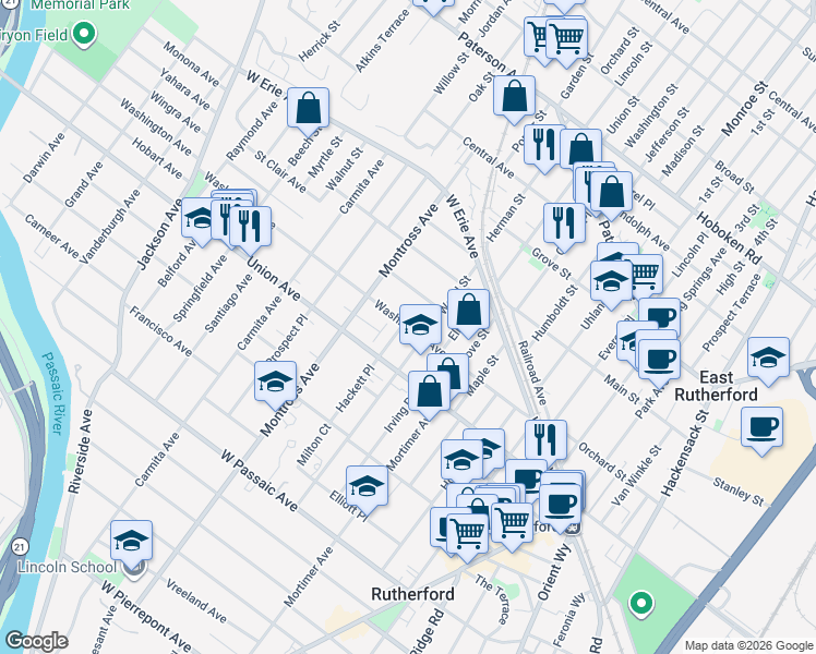 map of restaurants, bars, coffee shops, grocery stores, and more near 122 Washington Avenue in Rutherford