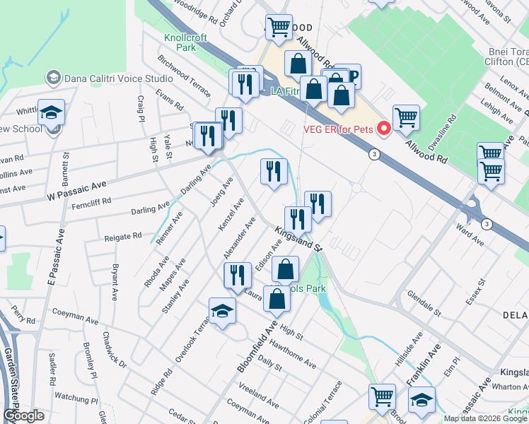 map of restaurants, bars, coffee shops, grocery stores, and more near 20 Windsor Place in Nutley