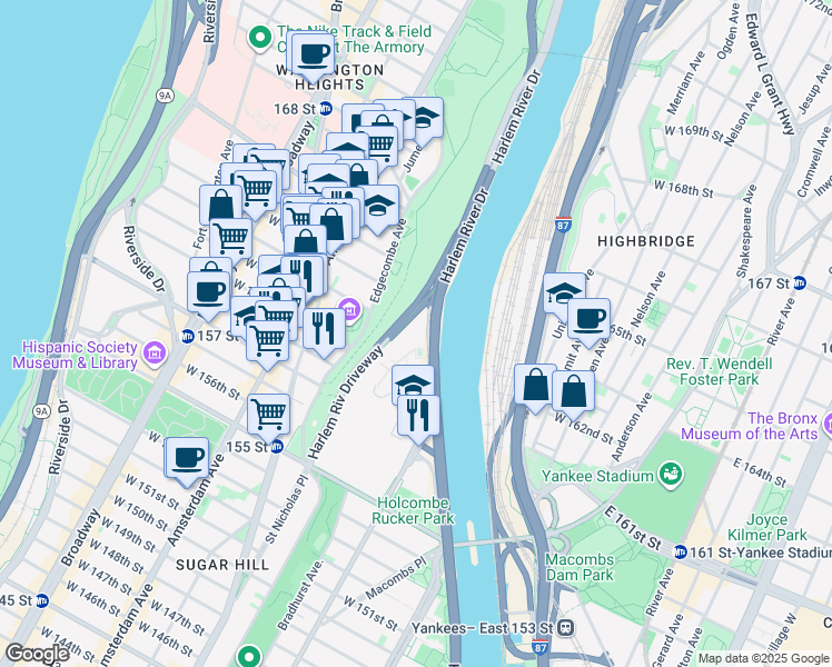 map of restaurants, bars, coffee shops, grocery stores, and more near 159-70 Harlem River Drive in New York