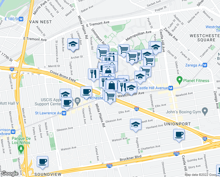 map of restaurants, bars, coffee shops, grocery stores, and more near 1332 Metropolitan Avenue in The Bronx