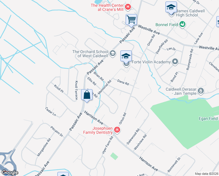 map of restaurants, bars, coffee shops, grocery stores, and more near 30 Memorial Road in West Caldwell