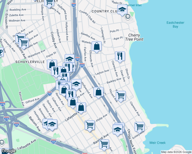 map of restaurants, bars, coffee shops, grocery stores, and more near Throgs Neck Boulevard in The Bronx