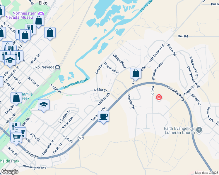 map of restaurants, bars, coffee shops, grocery stores, and more near 1625 Clarkson Drive in Elko