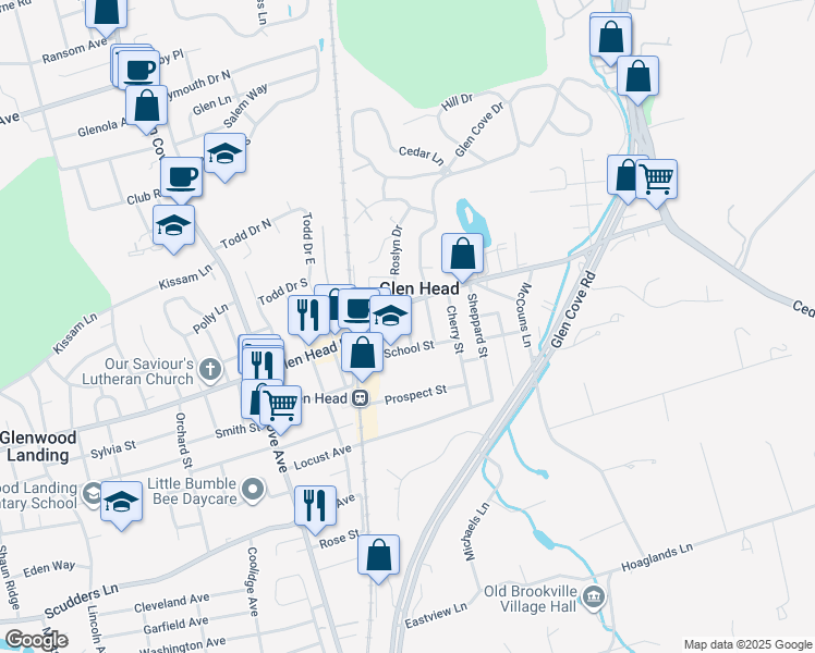 map of restaurants, bars, coffee shops, grocery stores, and more near Benjamin Street in Glen Head