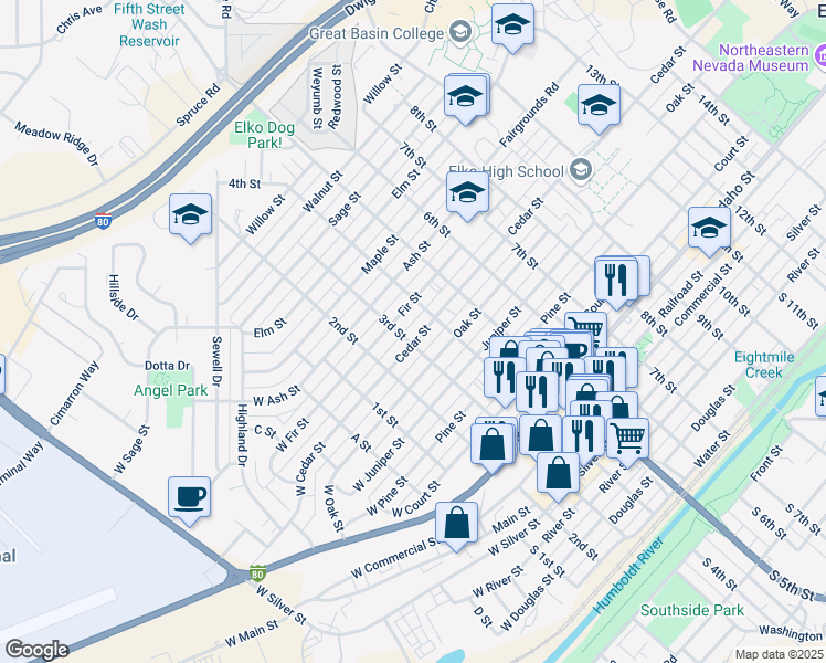 map of restaurants, bars, coffee shops, grocery stores, and more near 393 Cedar Street in Elko