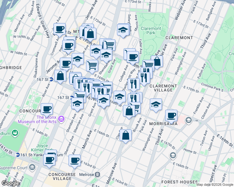 map of restaurants, bars, coffee shops, grocery stores, and more near in The Bronx