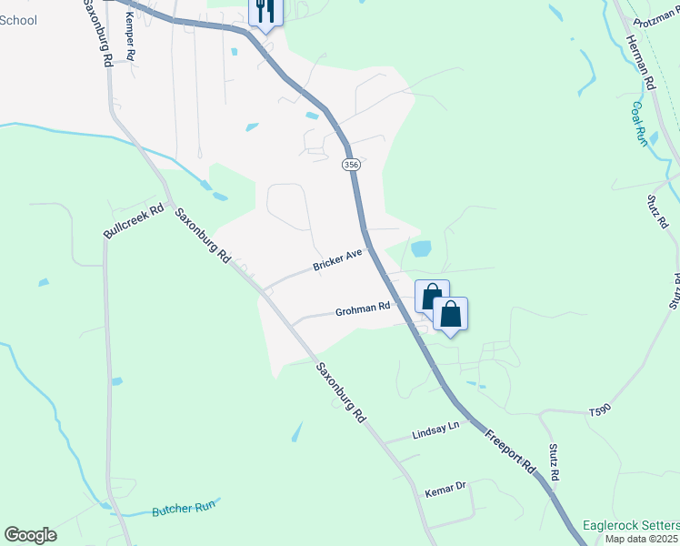 map of restaurants, bars, coffee shops, grocery stores, and more near 101 Bricker Avenue in Butler