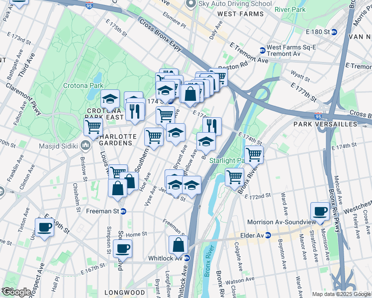 map of restaurants, bars, coffee shops, grocery stores, and more near 1562 Vyse Avenue in The Bronx