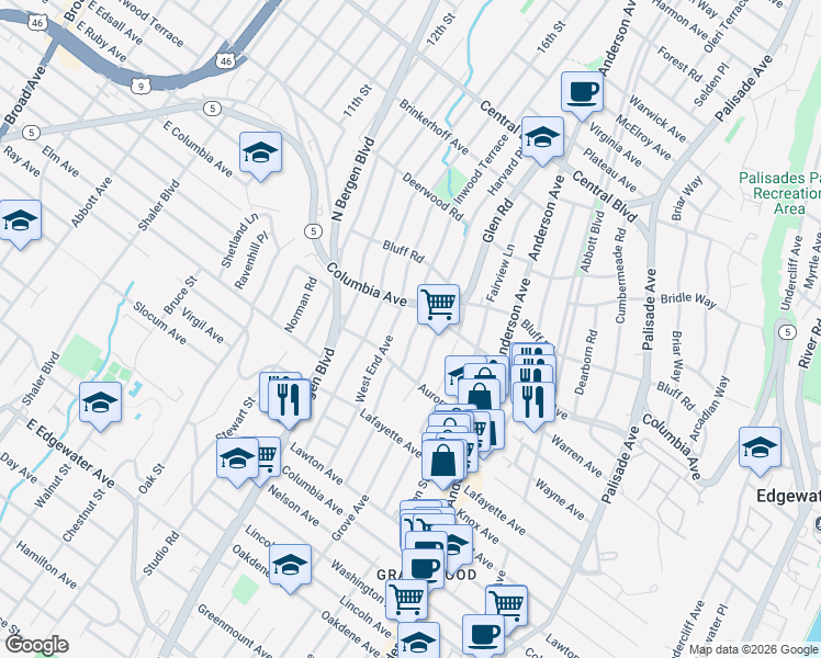 map of restaurants, bars, coffee shops, grocery stores, and more near 817 Inwood Terrace in Fort Lee