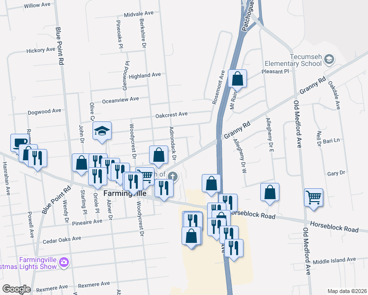 map of restaurants, bars, coffee shops, grocery stores, and more near 12 Midwood Place in Farmingville