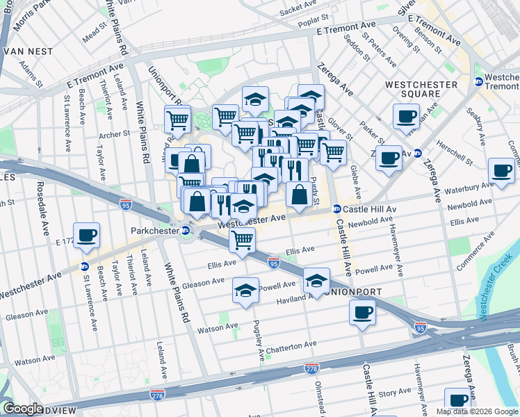 map of restaurants, bars, coffee shops, grocery stores, and more near 2021 Benedict Avenue in Bronx