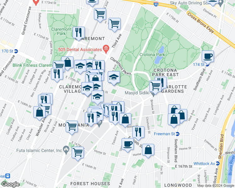 map of restaurants, bars, coffee shops, grocery stores, and more near 621 East 170th Street in Bronx