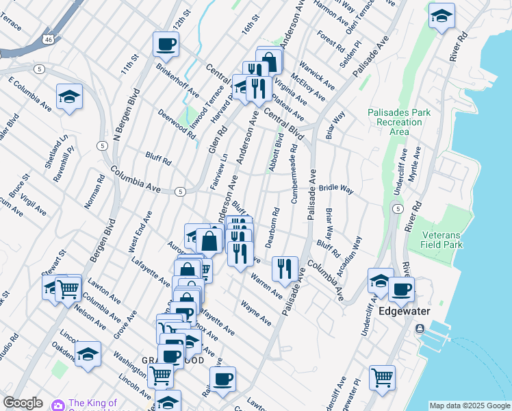 map of restaurants, bars, coffee shops, grocery stores, and more near 1068 Abbott Boulevard in Fort Lee