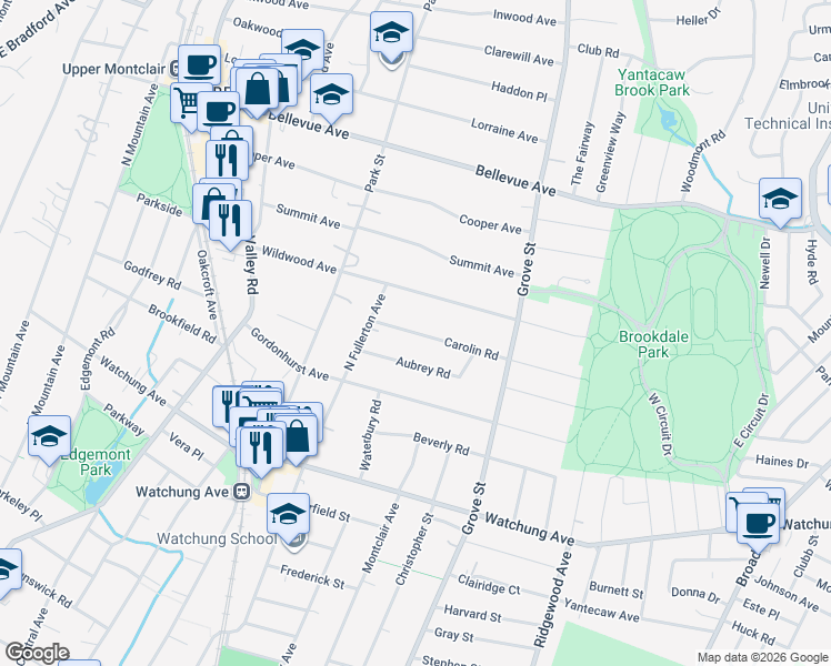 map of restaurants, bars, coffee shops, grocery stores, and more near 41 Carolin Road in Montclair
