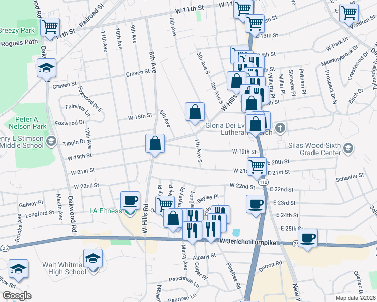 map of restaurants, bars, coffee shops, grocery stores, and more near 90 West 19th Street in Huntington Station