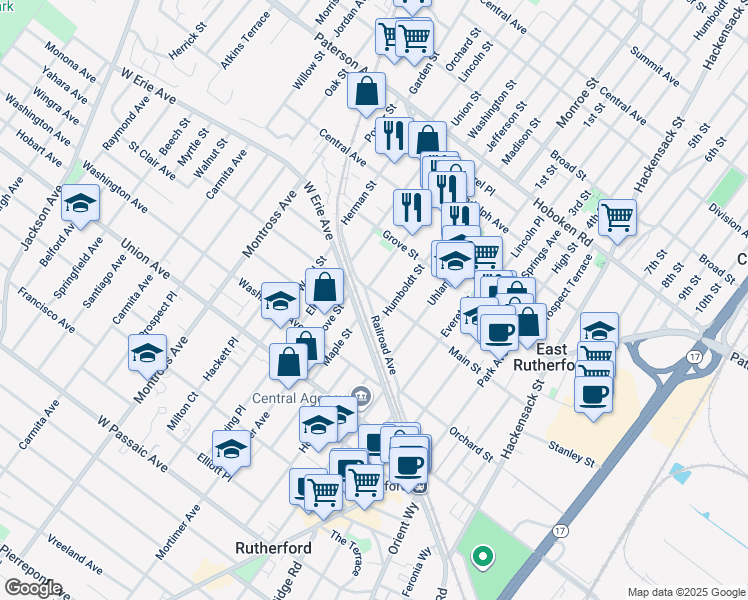 map of restaurants, bars, coffee shops, grocery stores, and more near 316 Main Street in East Rutherford