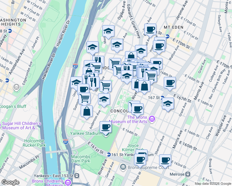 map of restaurants, bars, coffee shops, grocery stores, and more near 1115 Jerome Avenue in Bronx