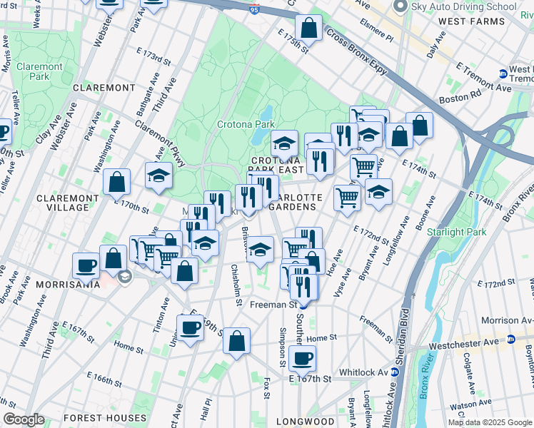 map of restaurants, bars, coffee shops, grocery stores, and more near 1471 Louis Niñé Boulevard in The Bronx