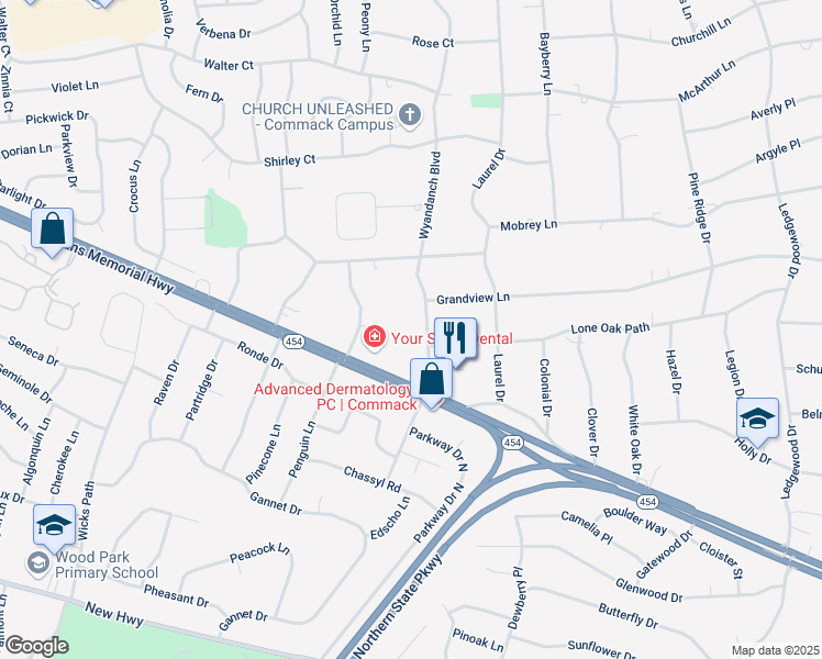 map of restaurants, bars, coffee shops, grocery stores, and more near 100 Wyandanch Boulevard in Commack