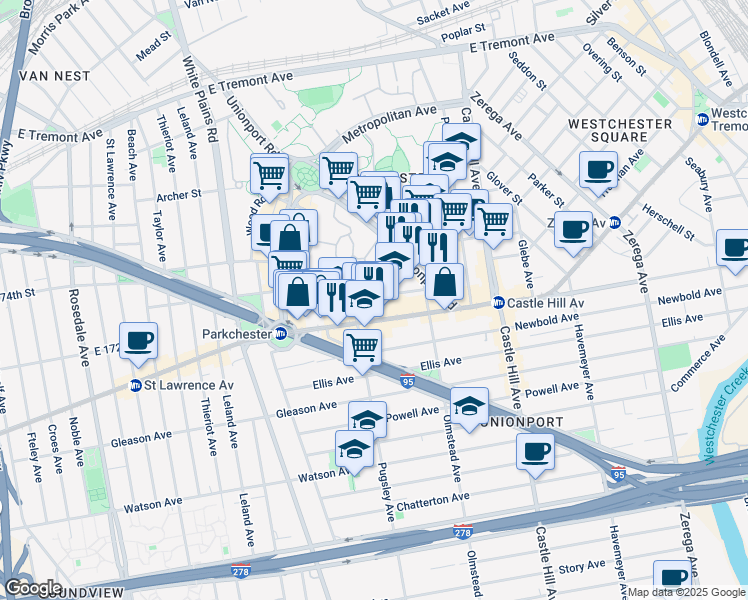 map of restaurants, bars, coffee shops, grocery stores, and more near 2021 Benedict Avenue in Bronx