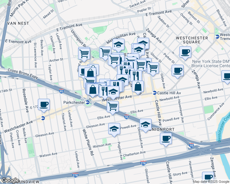 map of restaurants, bars, coffee shops, grocery stores, and more near 2021 Benedict Avenue in Bronx