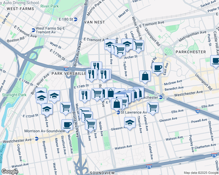 map of restaurants, bars, coffee shops, grocery stores, and more near 1351 Commonwealth Avenue in Bronx