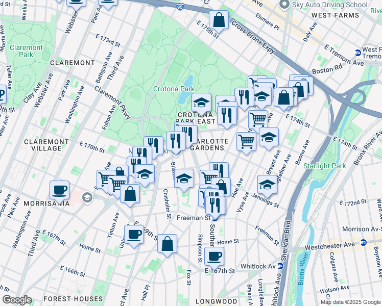 map of restaurants, bars, coffee shops, grocery stores, and more near 1545 Charlotte Street in Bronx