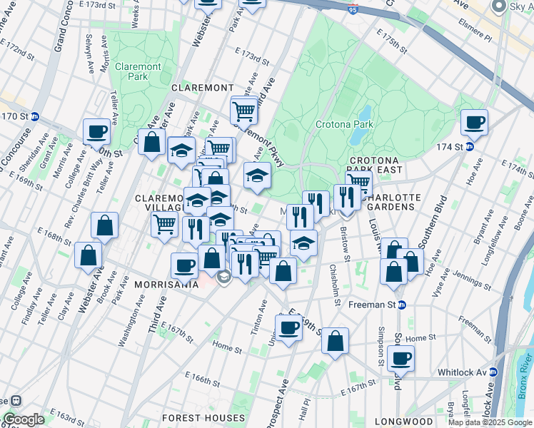 map of restaurants, bars, coffee shops, grocery stores, and more near 609 East 170th Street in Bronx