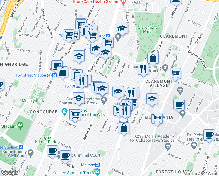 map of restaurants, bars, coffee shops, grocery stores, and more near in The Bronx