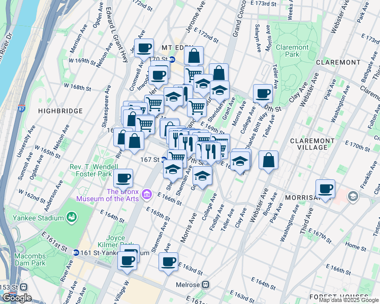 map of restaurants, bars, coffee shops, grocery stores, and more near in The Bronx