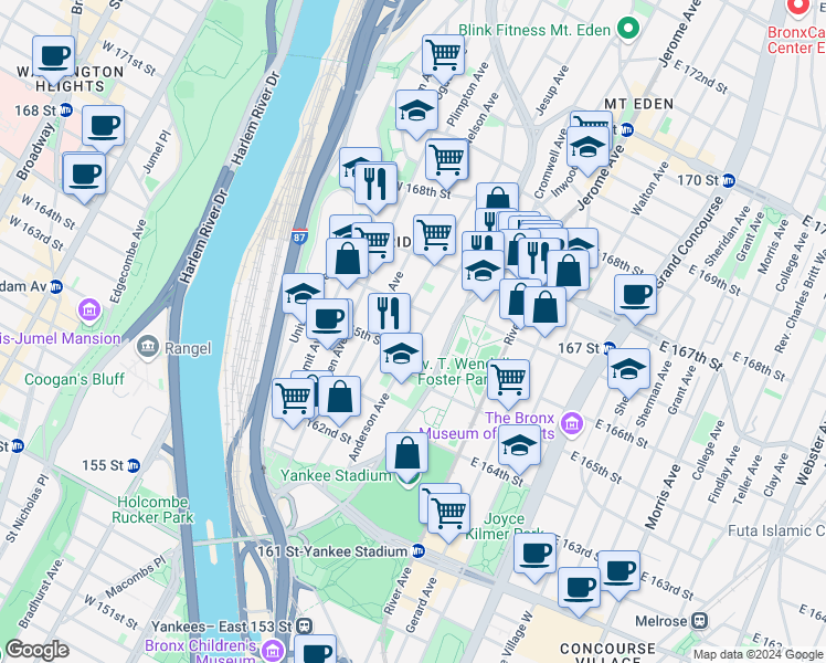 map of restaurants, bars, coffee shops, grocery stores, and more near in The Bronx