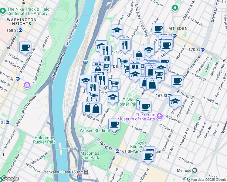 map of restaurants, bars, coffee shops, grocery stores, and more near 1088 Woodycrest Avenue in Bronx