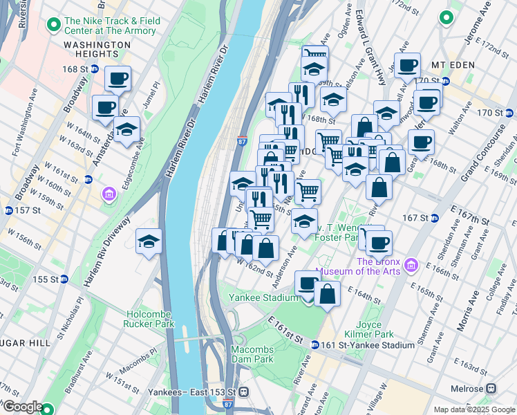 map of restaurants, bars, coffee shops, grocery stores, and more near 1049 Ogden Avenue in Bronx