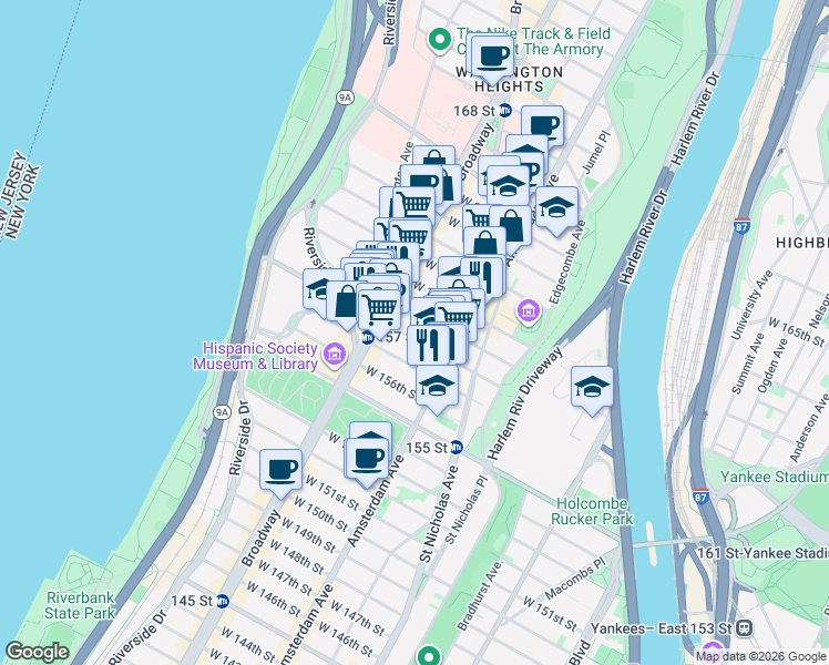 map of restaurants, bars, coffee shops, grocery stores, and more near 528 West 159th Street in New York
