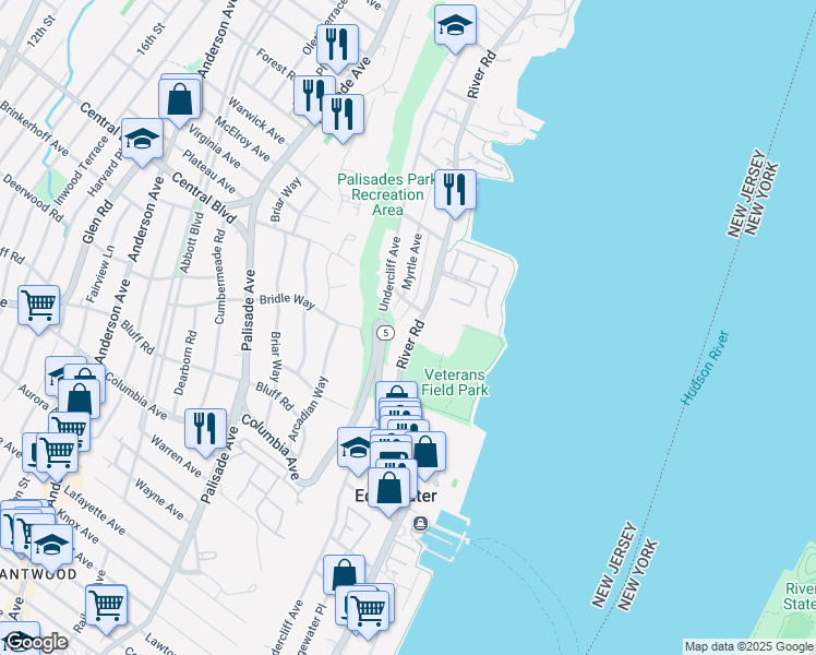 map of restaurants, bars, coffee shops, grocery stores, and more near 15 Rockwood Place in Edgewater
