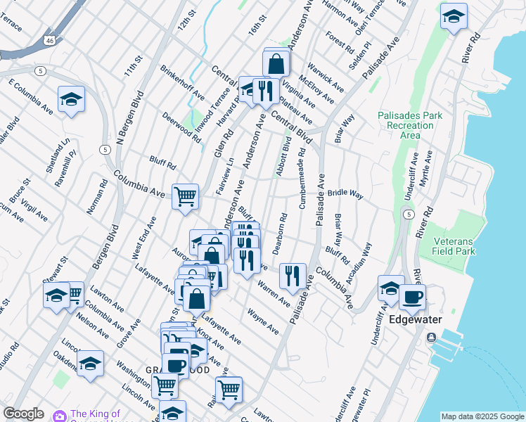 map of restaurants, bars, coffee shops, grocery stores, and more near 1068 Abbott Boulevard in Fort Lee