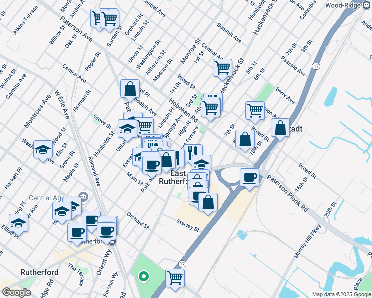 map of restaurants, bars, coffee shops, grocery stores, and more near 50 Prospect Terrace in East Rutherford