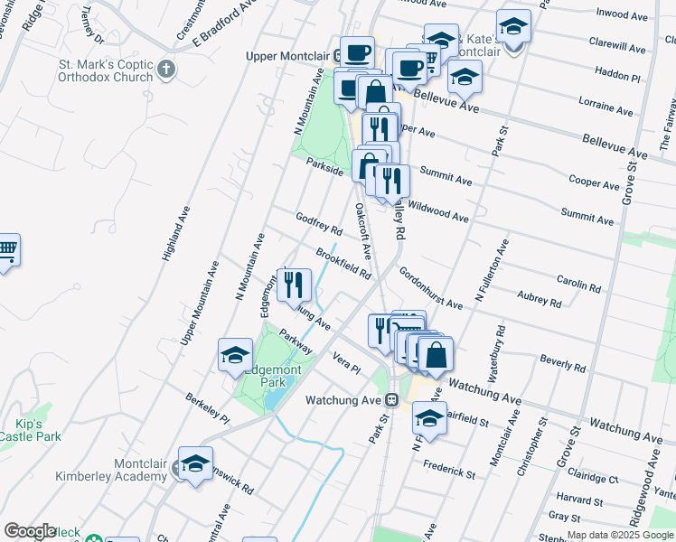 map of restaurants, bars, coffee shops, grocery stores, and more near 32 Brookfield Road in Montclair