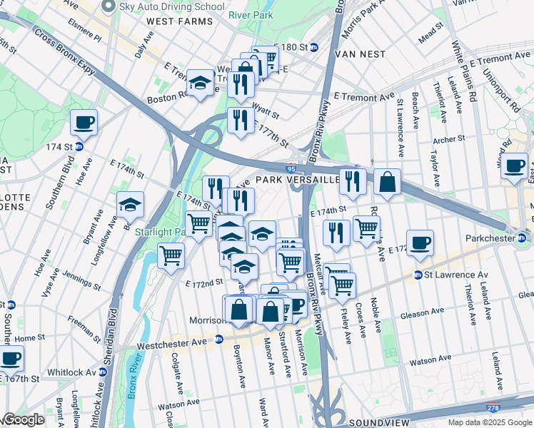 map of restaurants, bars, coffee shops, grocery stores, and more near 1609 East 174th Street in Bronx